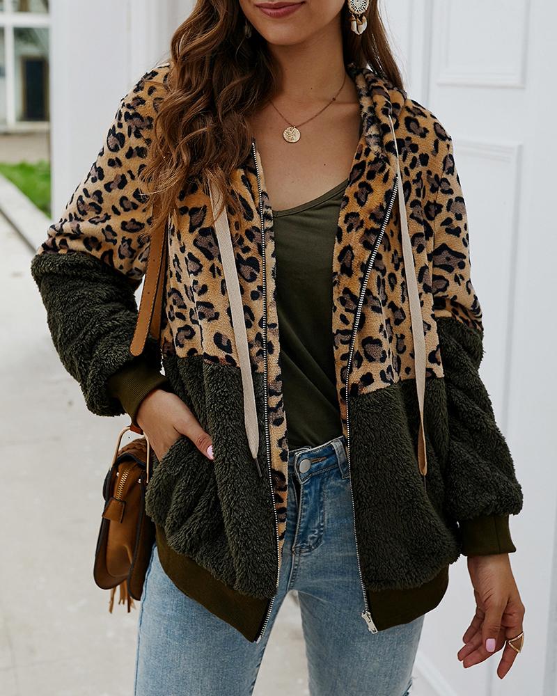 

Cheetah Print Colorblock Fluffy Hooded Coat, Green