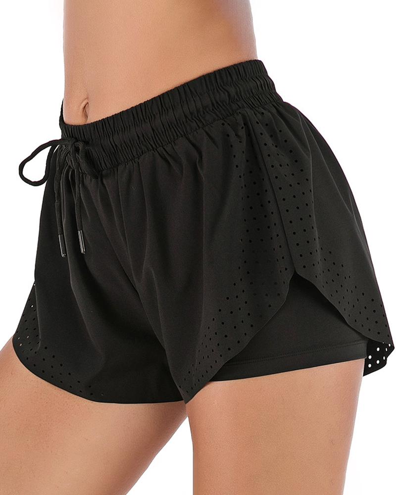 

Drawstring Layered Hollow Out Fitness Sporty Shorts, Black