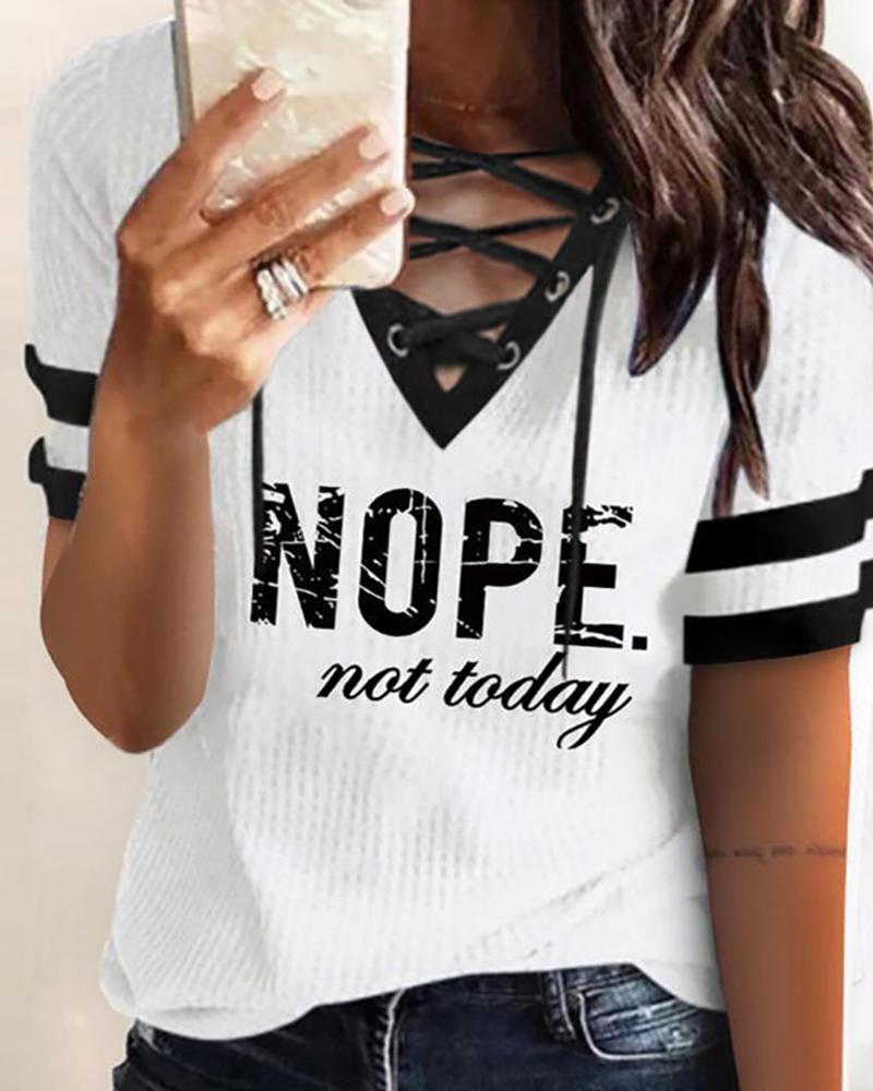 

Letter / Striped Print Eyelet Lace Up T-Shirt, White