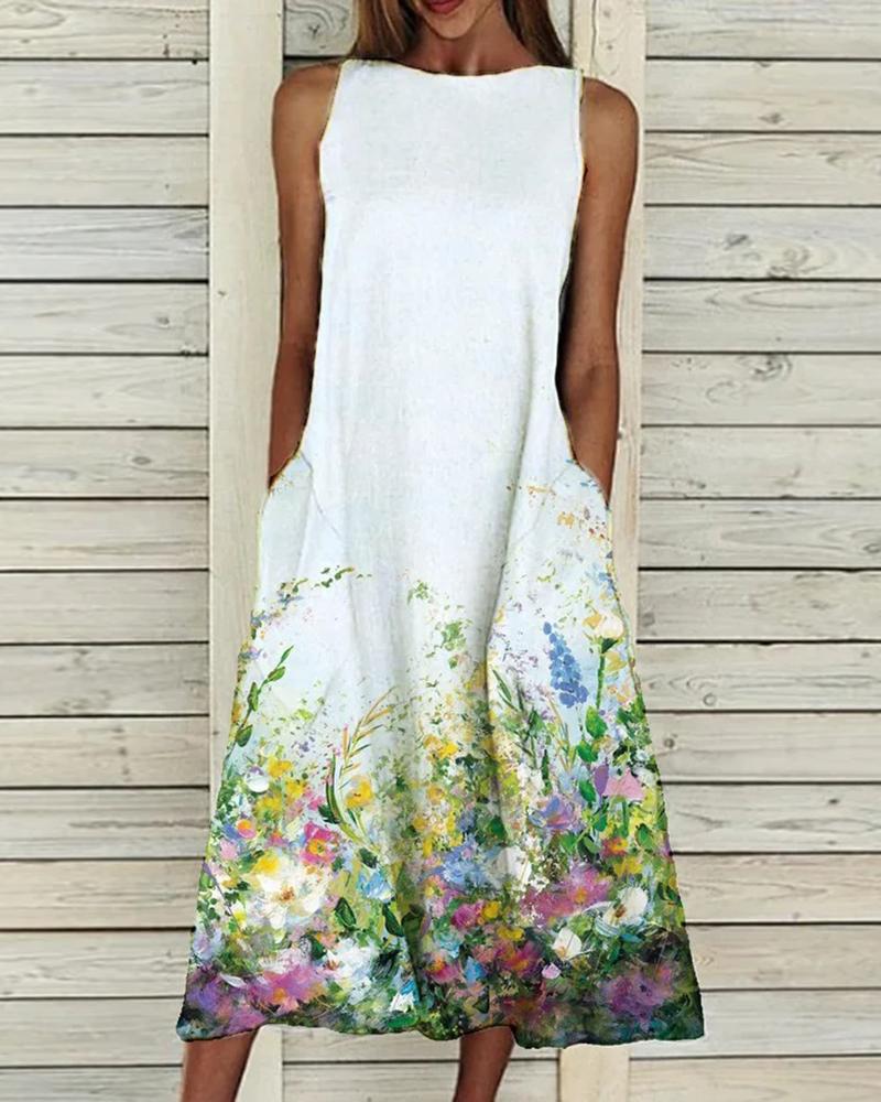 

Floral Print Colorblock Pocket Design Casual Dress, White