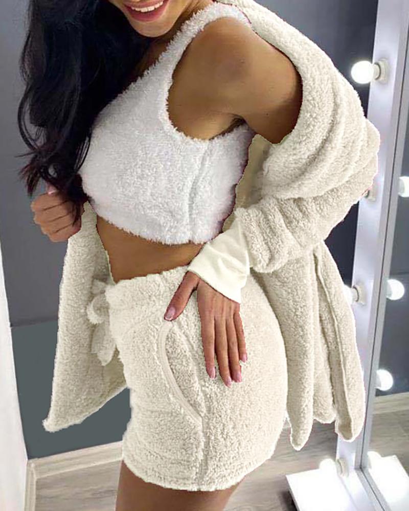 

3PCS Drawstring Long Sleeve Teddy Pajamas Set, White