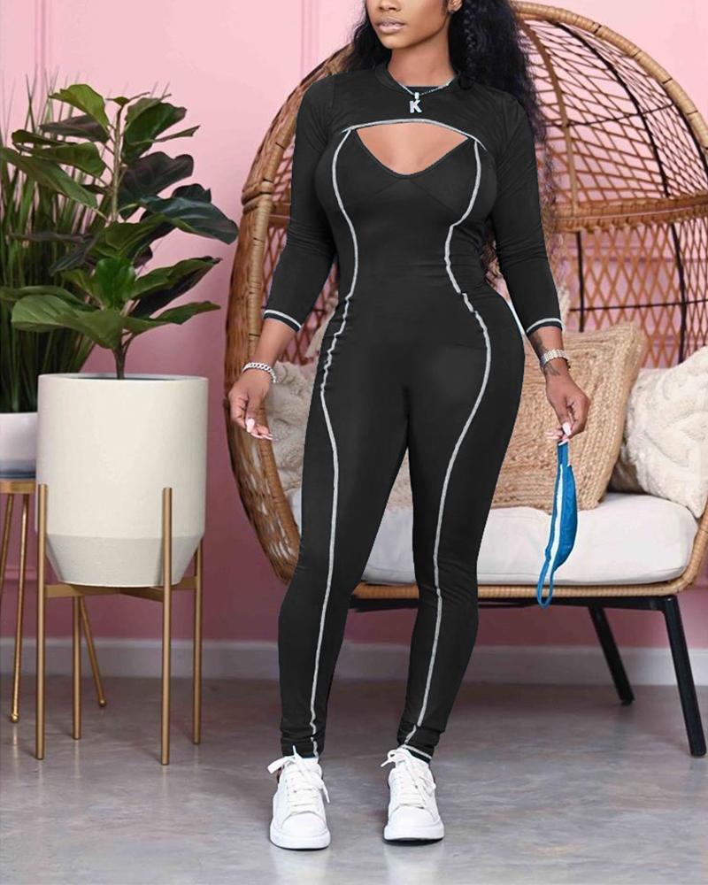 

Colorblock Skinny Strap Jumpsuit With Long Sleeve Cropped Coats Suit Sets, Black
