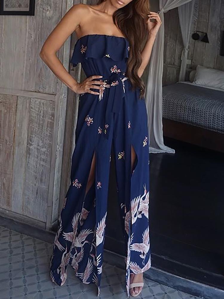 cranes print belted wide leg jumpsuit