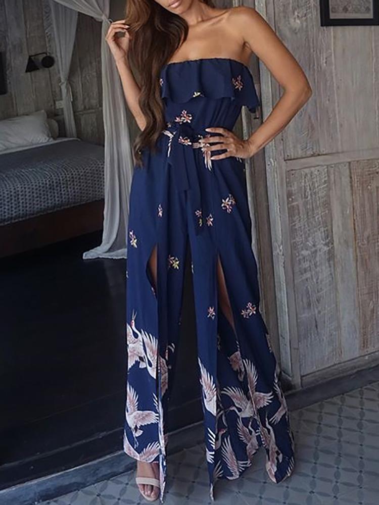 cranes print belted wide leg jumpsuit