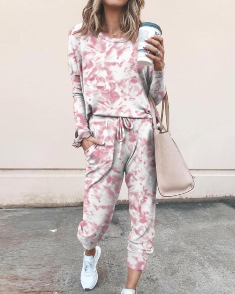 

Tie Dye Print Top & Drawstring Pants Set, Pink