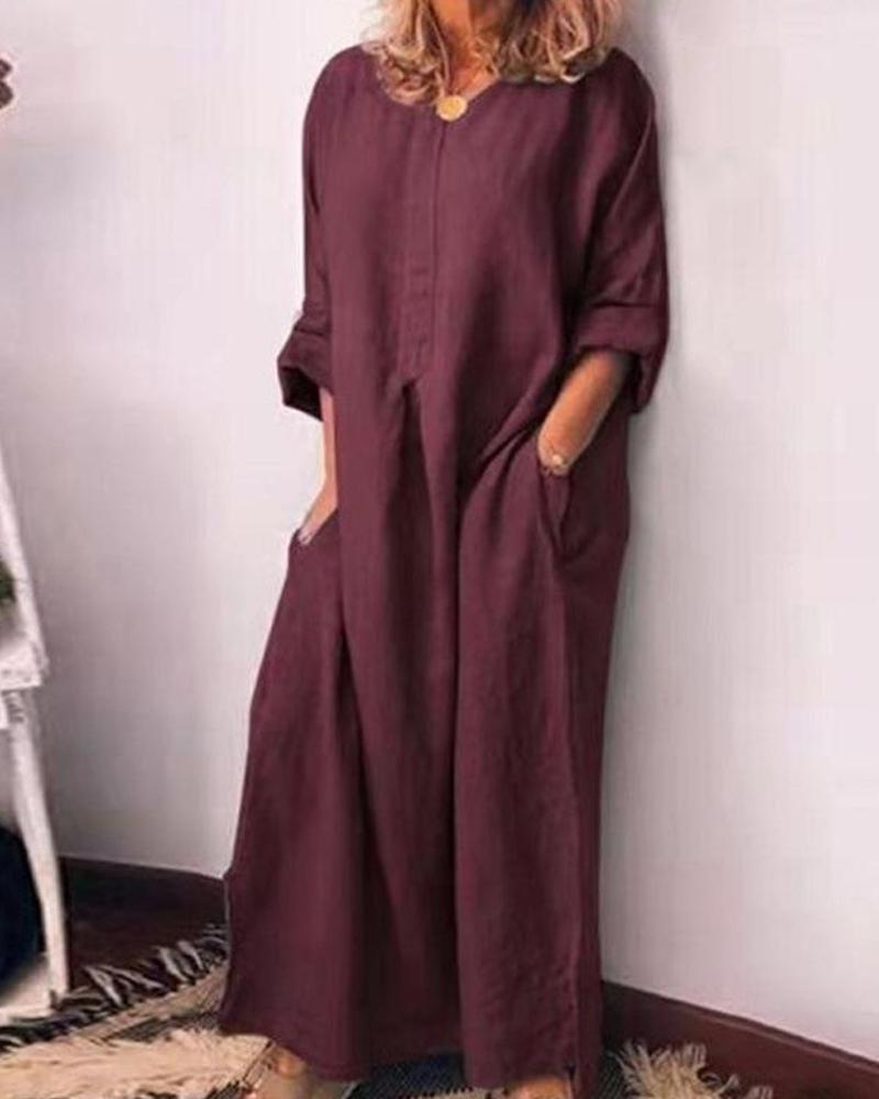 

Double Pocket Long Sleeve Maxi Dress, Wine red