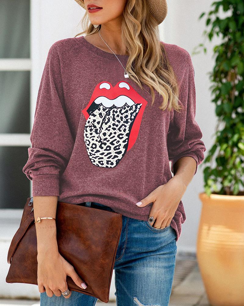 

Cheetah Lip Print Long Sleeve Top, Wine red