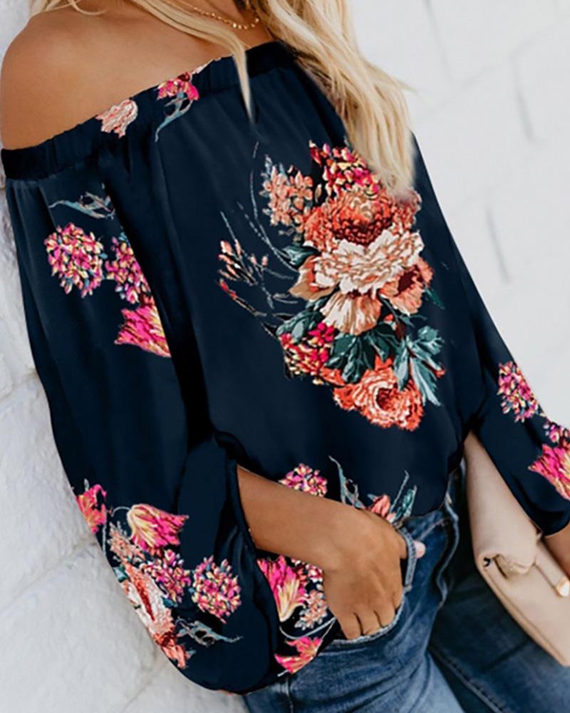 

Off Shoulder Lantern Sleeve Floral Print Top, Dark blue