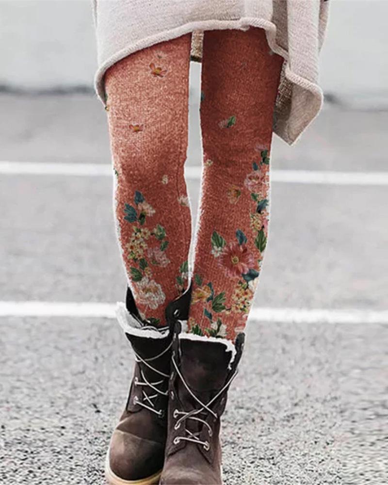 

Floral Print Skinny Leggings, Orange