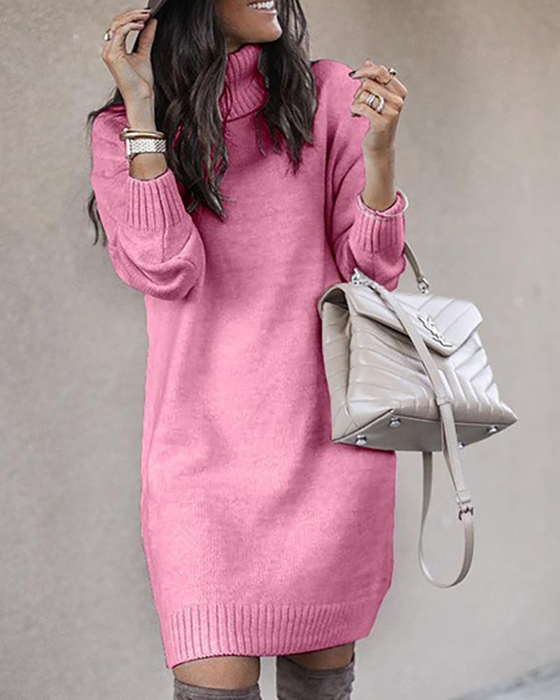 

High Neck Plain Long Sleeve Knit Sweater Dress, Pink