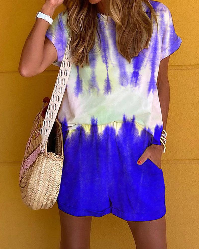 

Tie Dye Short Sleeve Loose T-shirt With Shorts Suit Sets, Blue