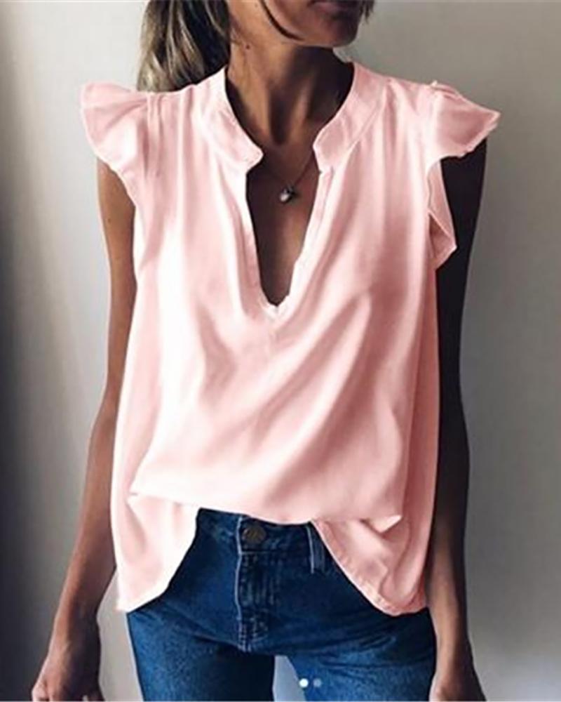 

Deep-V Ruffles Sleeve Solid Women Top, Pink