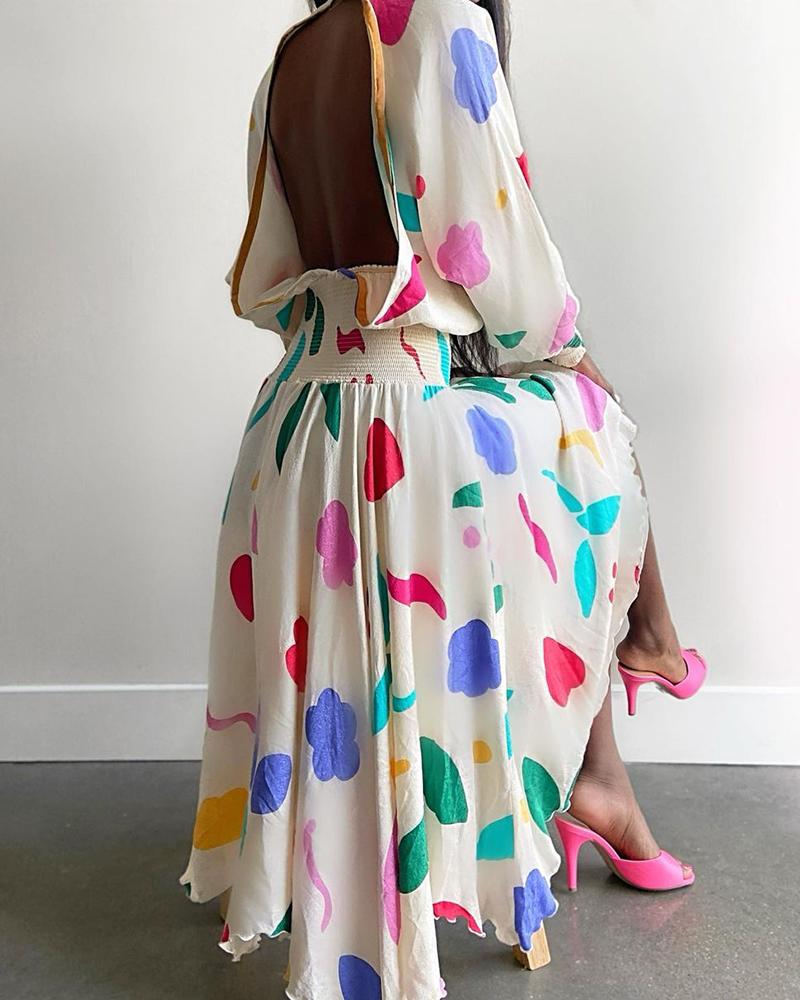 

Colorblock Lantern Sleeve Frill Hem Backless Dress, White