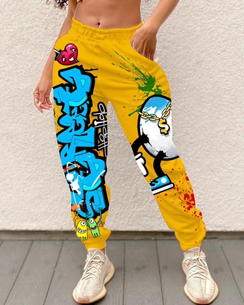 

Cartoon Letter Print Colorblock High Waist Pants, Yellow