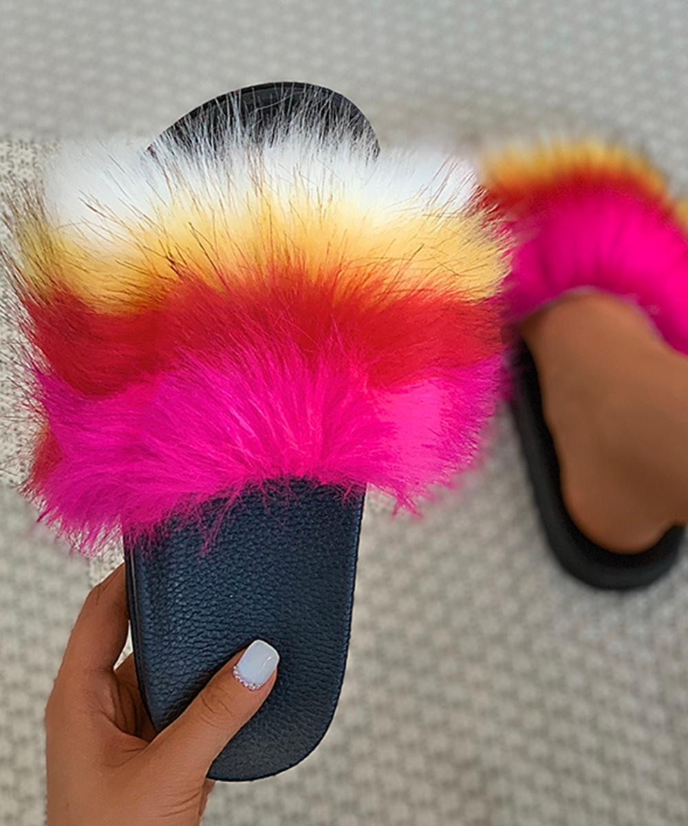 

Colorblock Peep Toe Fluffy Slippers, Black