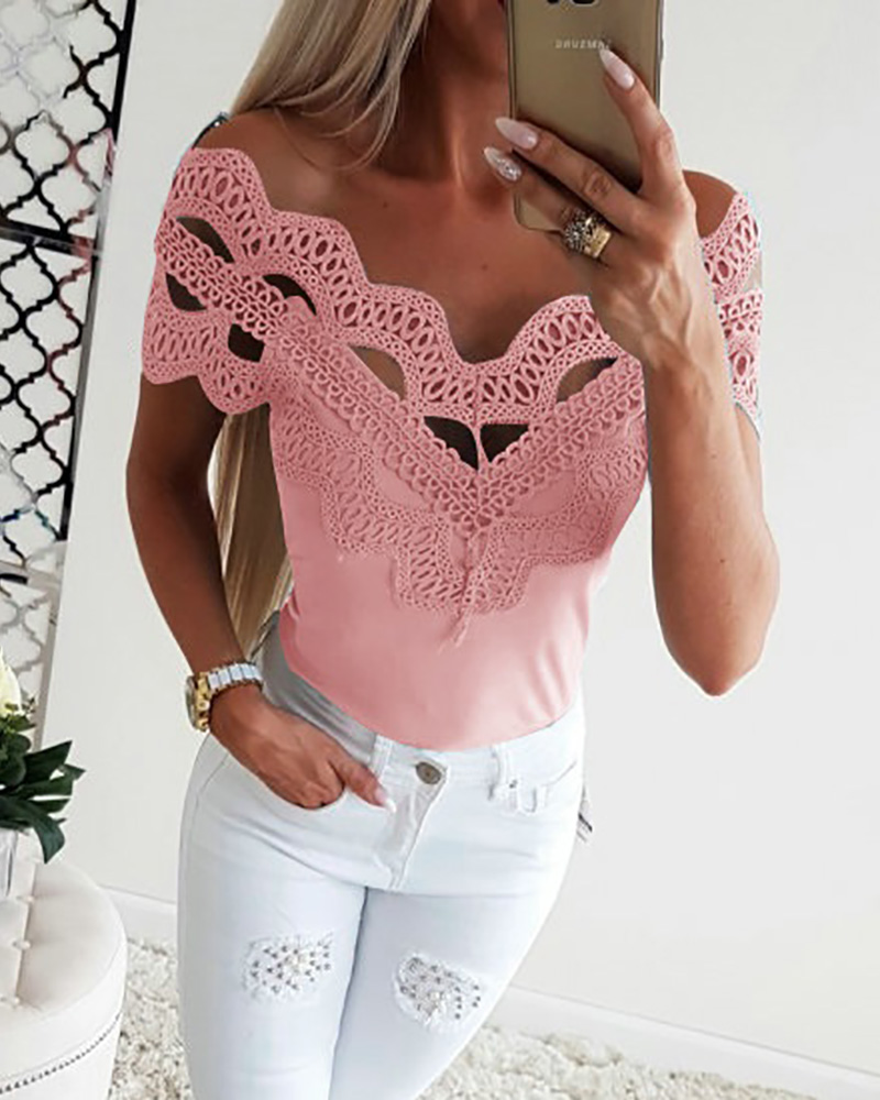 

Hollow Out Off Shoulder Lace Top, Pink