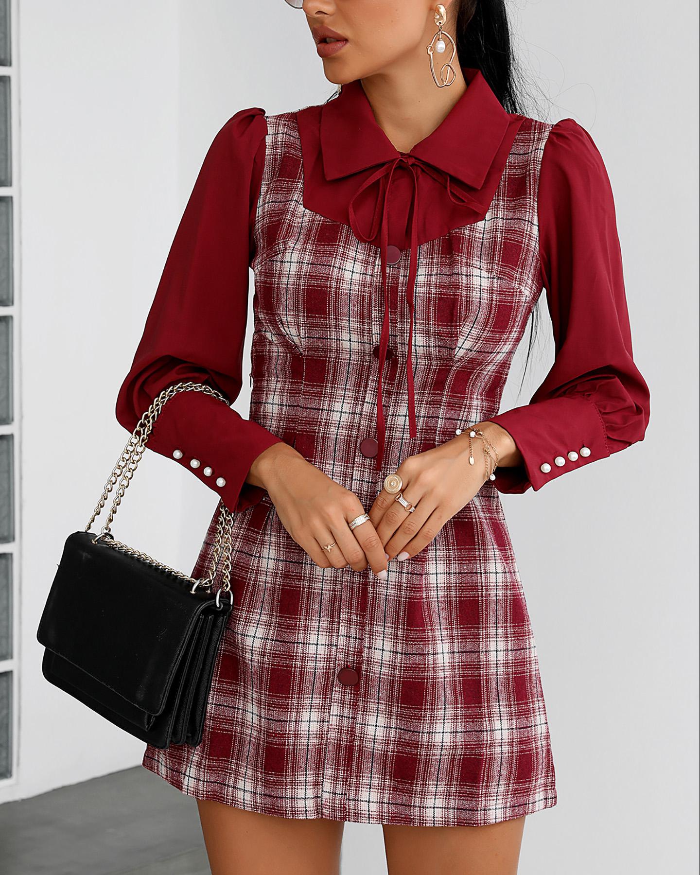 

Puffed Sleeve Plaid Print Mini Dress, Red