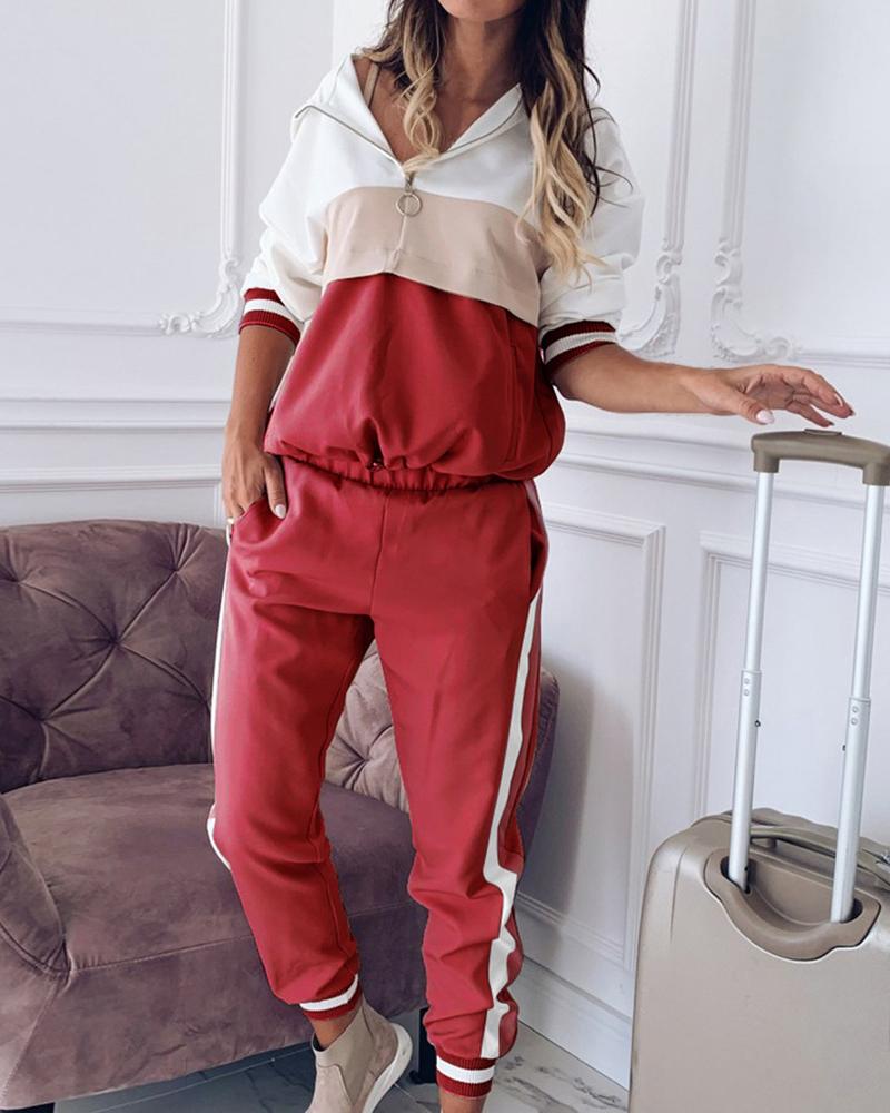 

Colorblock Zipper Design Hooded Top & Pants Set, Red