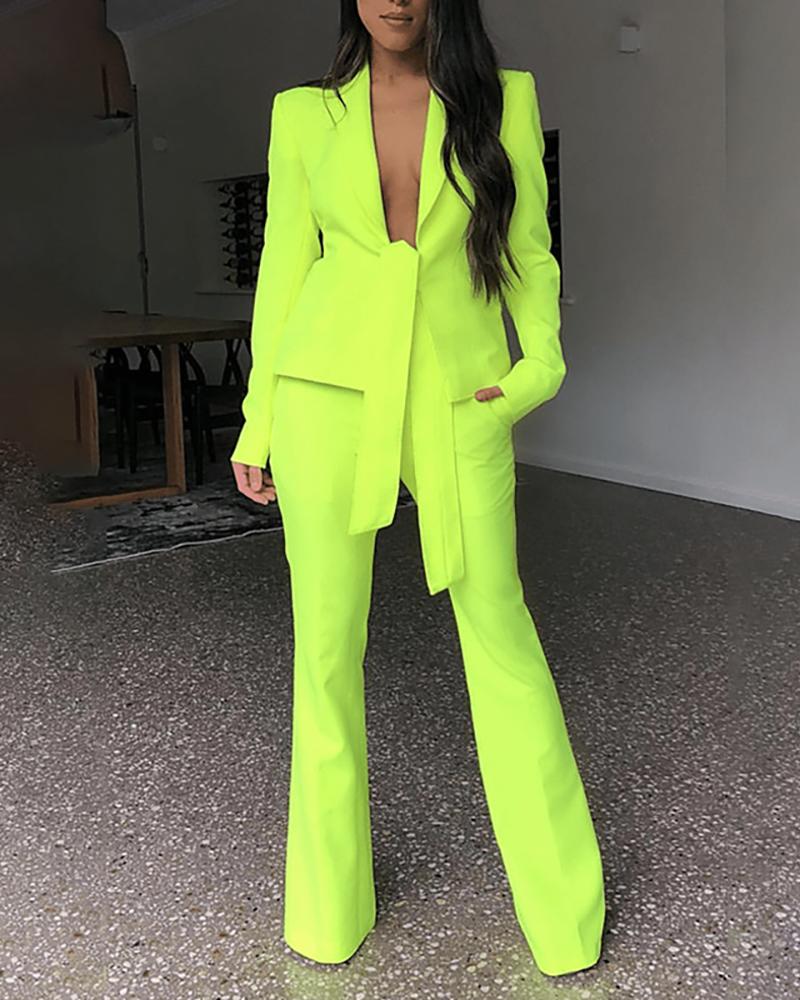 

Solid Tie Front Top & Pocket Design Pants Set, Green