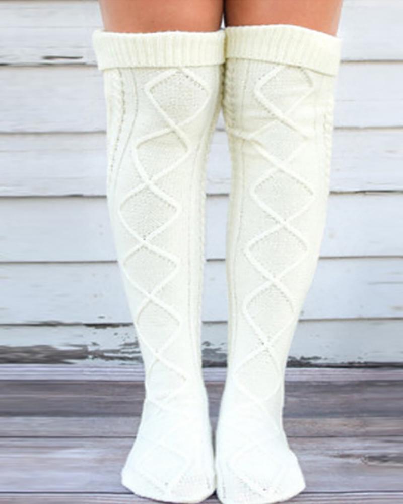 

Braided Knit Over The Knee Socks, White