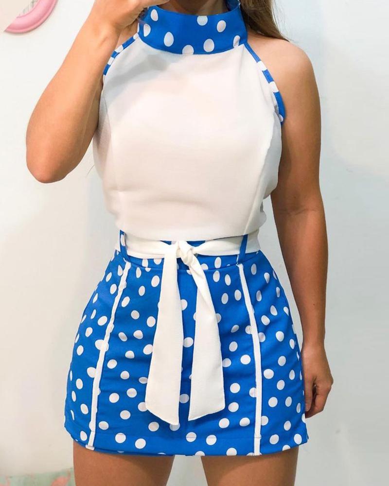 

Polka Dot Print Sleeveless Top & Belted Shorts Set, Blue
