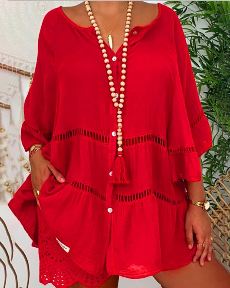 

Ruffles Bell Sleeve Hollow Out Casual Dress, Red