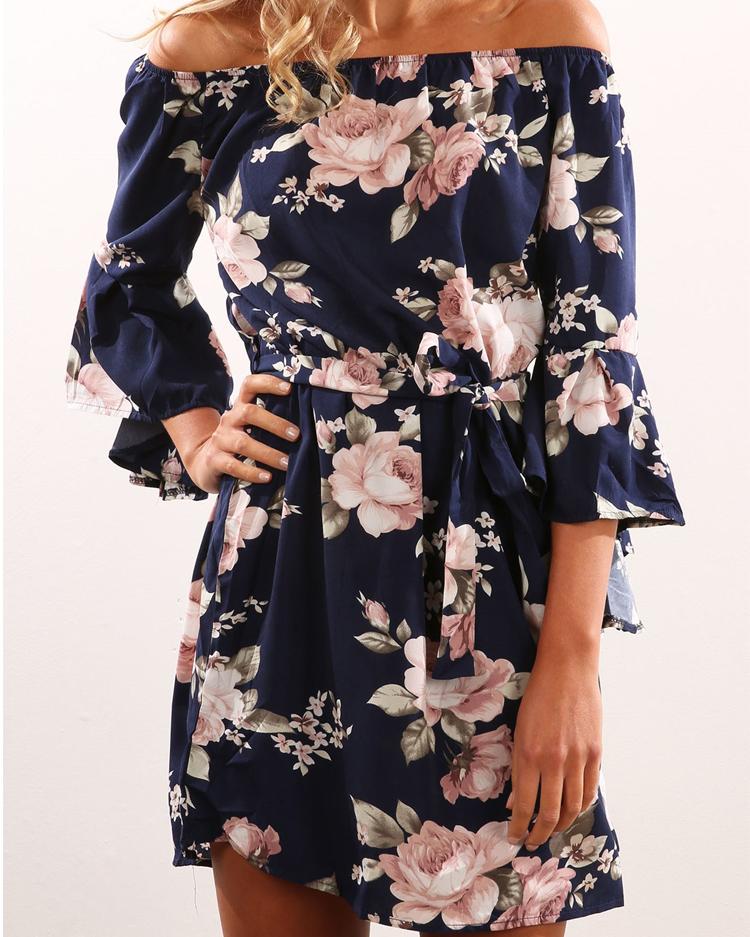 

Flare Sleeve Floral Print Mini Dress, Blue