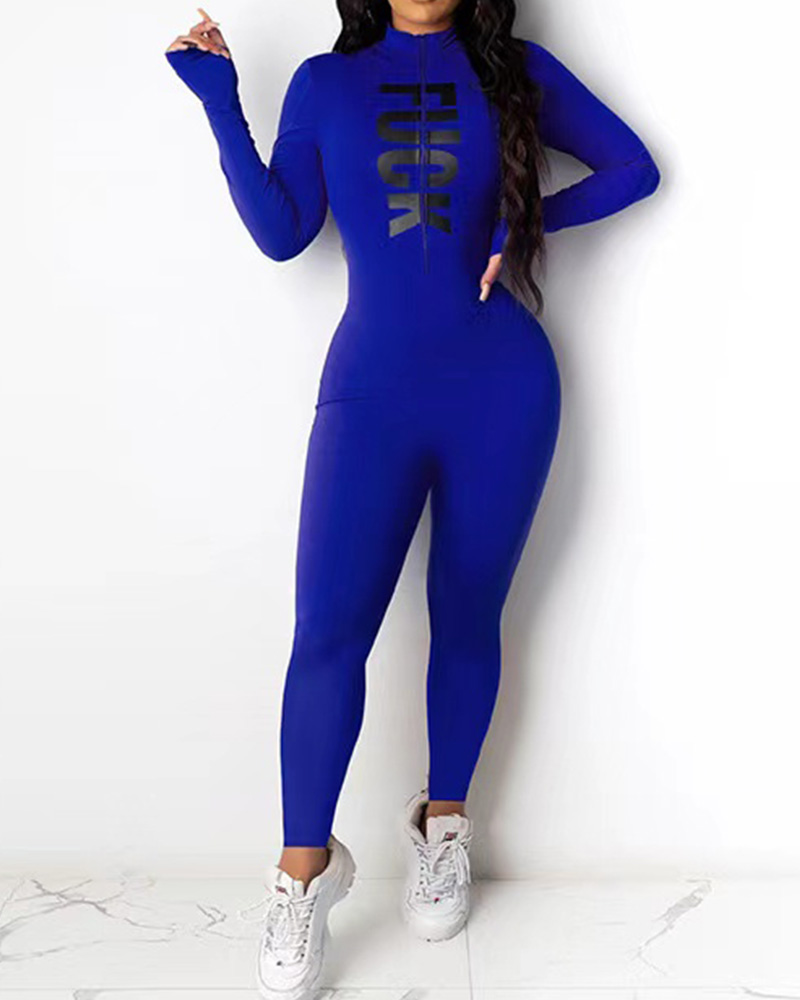

Plus Size Letter Print Zipper Design Long Sleeve Jumpsuit, Blue