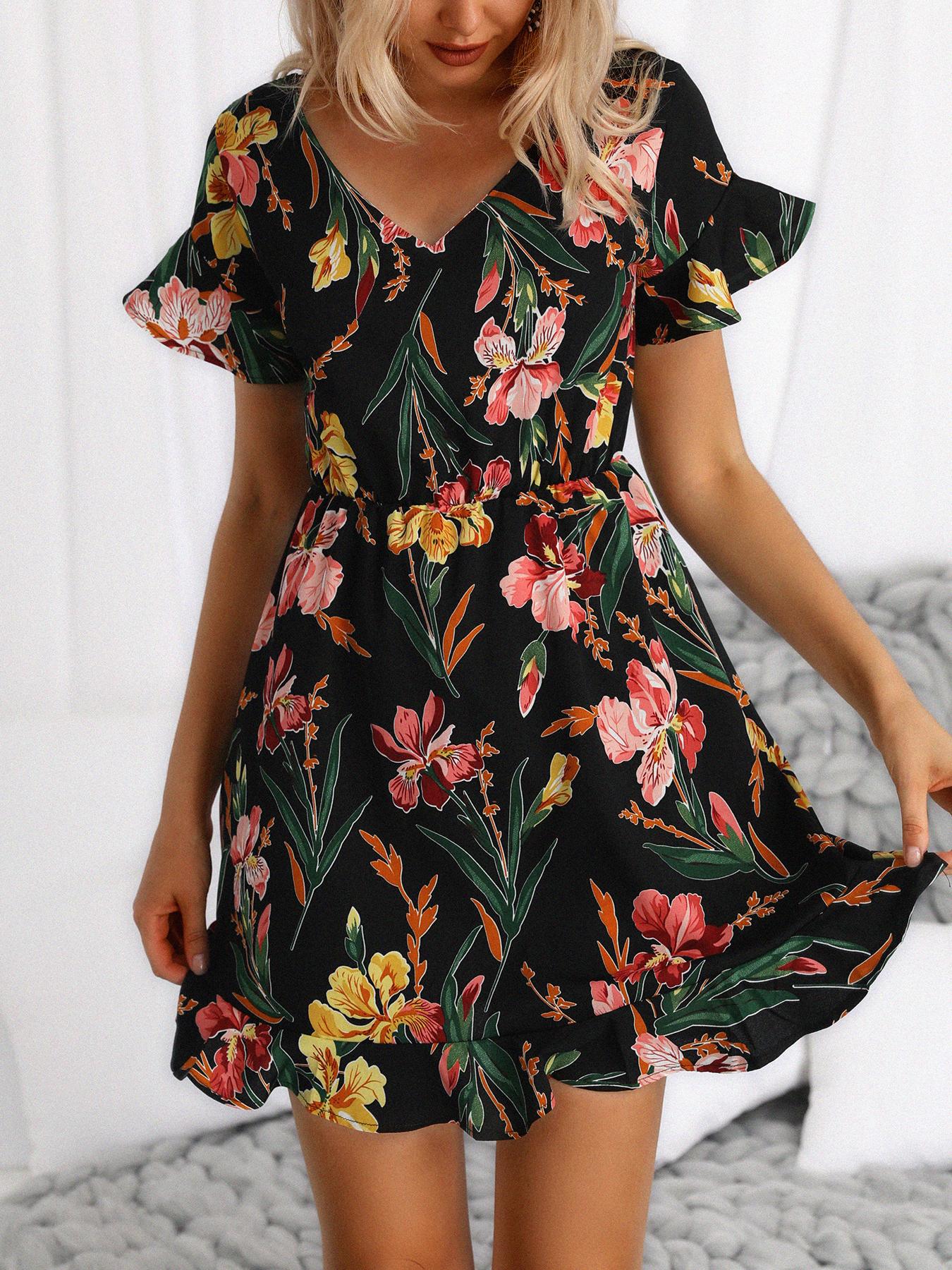 

Deep V Ruffles Floral Print Mini Dress, Black