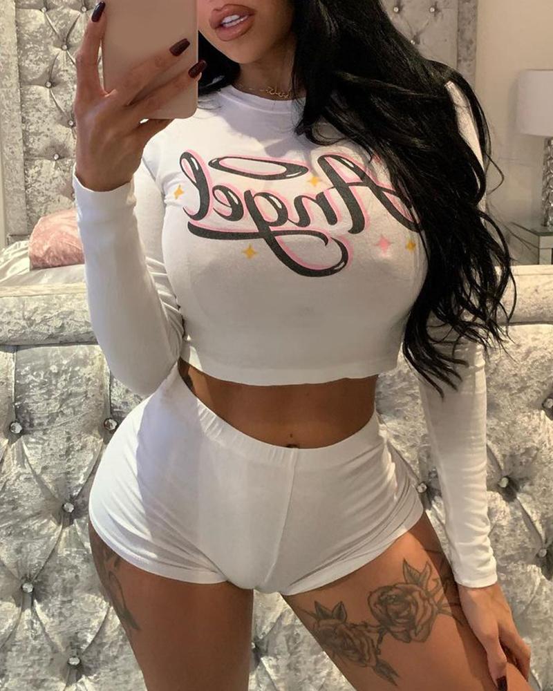 

Letter Print Long Sleeve Crop Top & Shorts Set, White