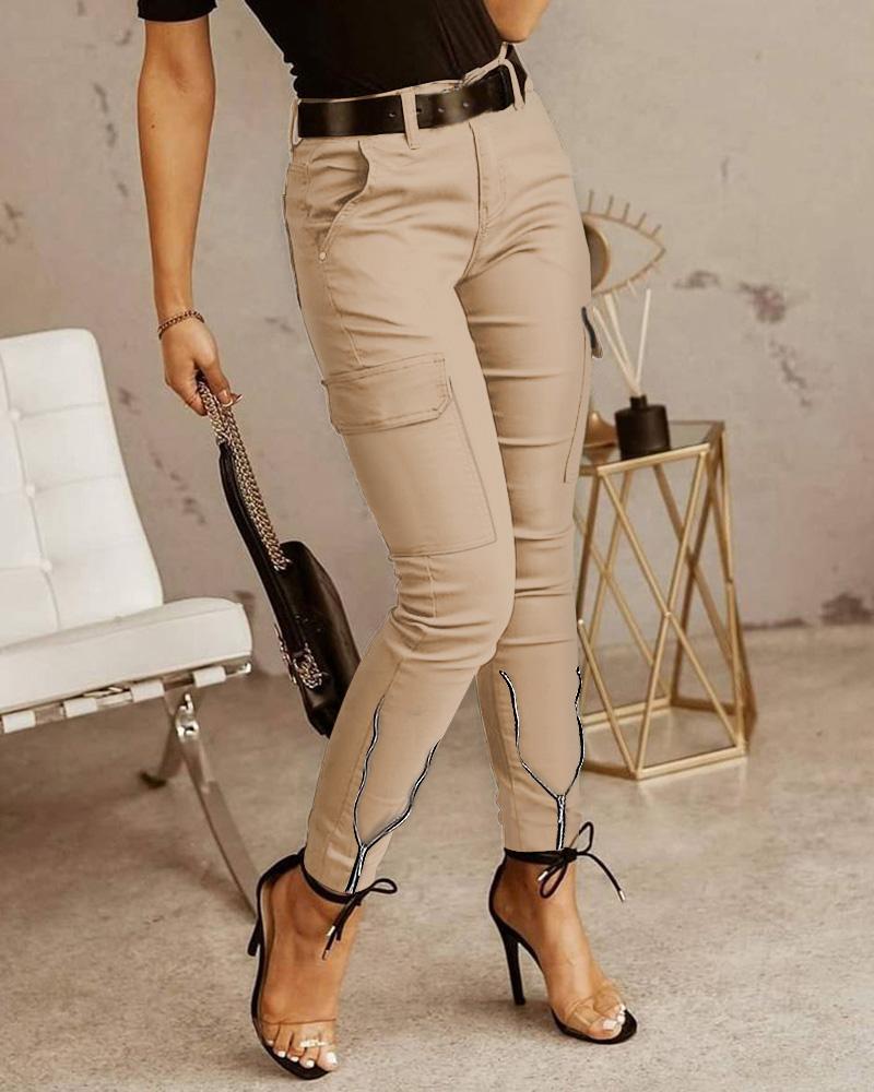 

Pocket Design Zipper Decor Casual Pants Without Belt, Khaki