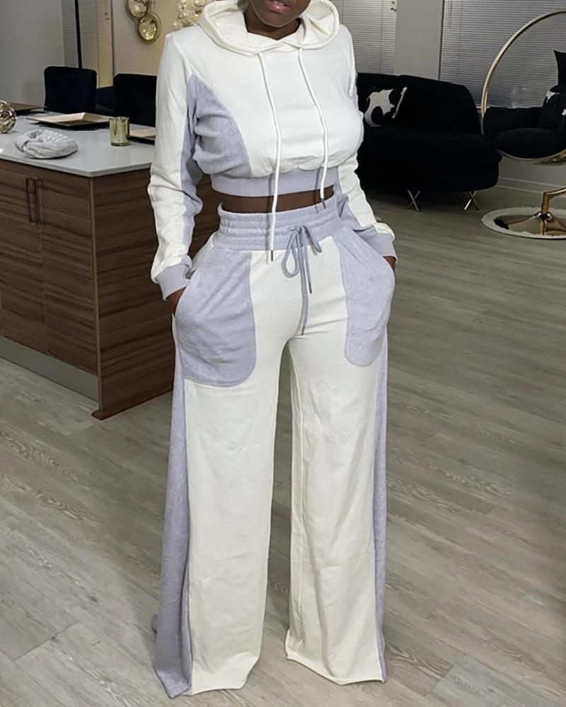 

Colorblock Hooded Crop Top & Drawstring Pocket Design Wide Leg Pants Set, White