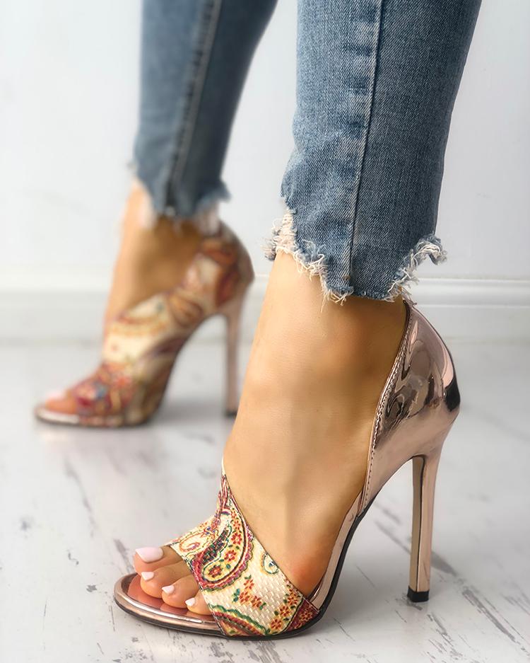 Tribal Print Peep Toe Thin Heeled Sandals