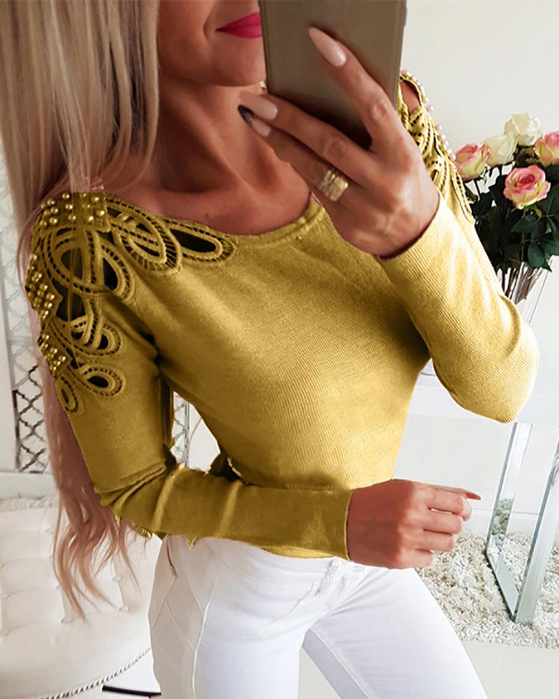 

Beaded Hollow Out Ribbed Women Blouse, Yellow