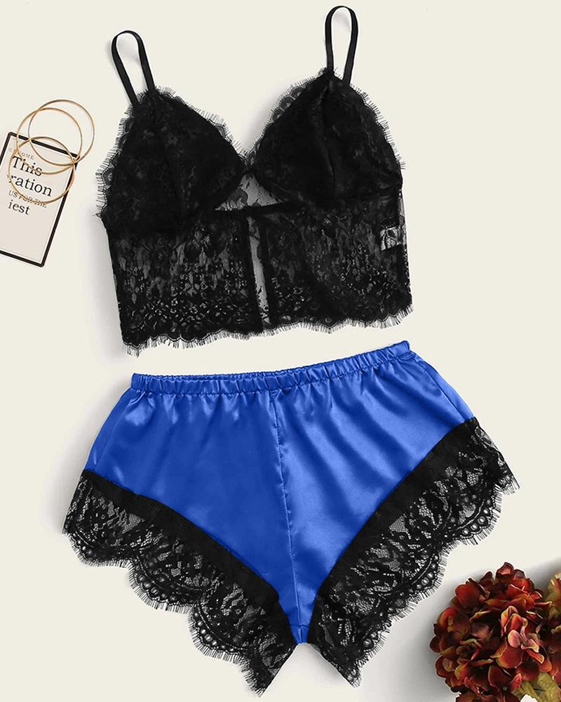 

Eyelash Lace Satin Cami Set, Blue
