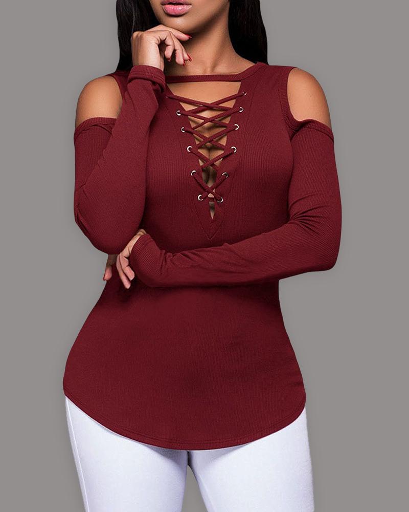 

Eyelet Lace-up Cold Shoulder Long Sleeve Women Top, Wine red