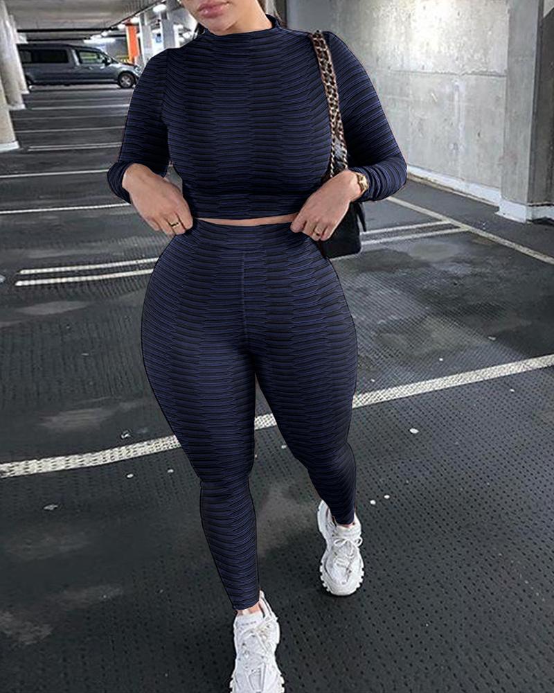 

Plain Long Sleeve Sporty Top & Pants Set, Purplish blue
