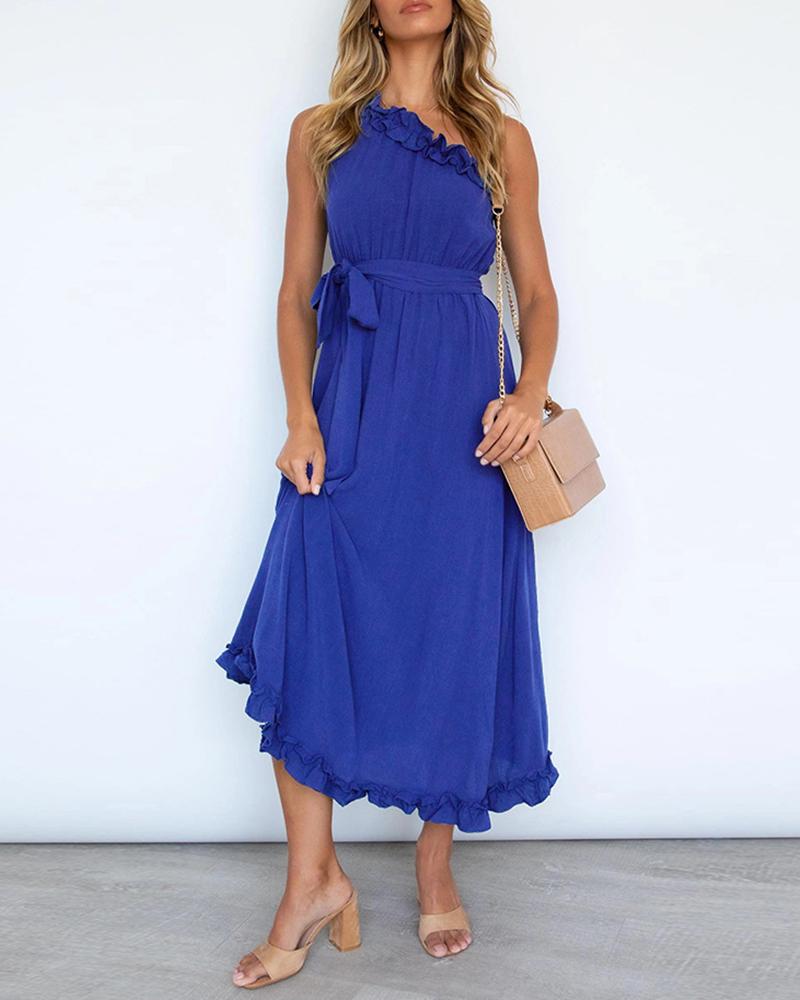 

One Shoulder Frill Hem Ruffles Maxi Dress, Blue