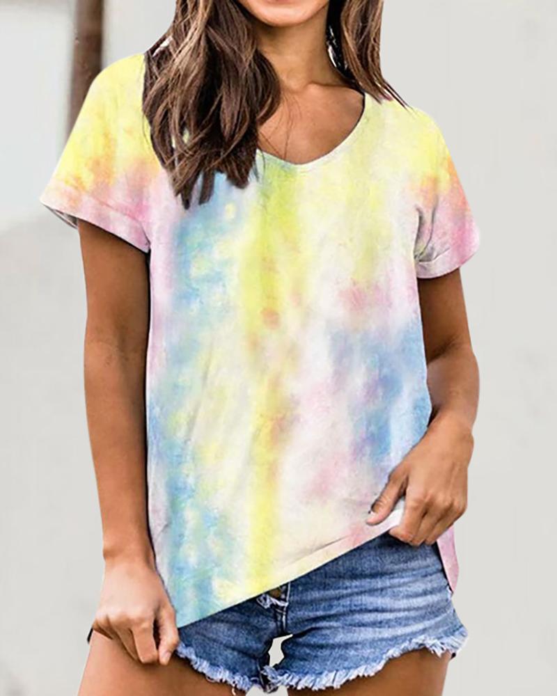 

V-neck Tie Dye Print T-shirt, Yellow