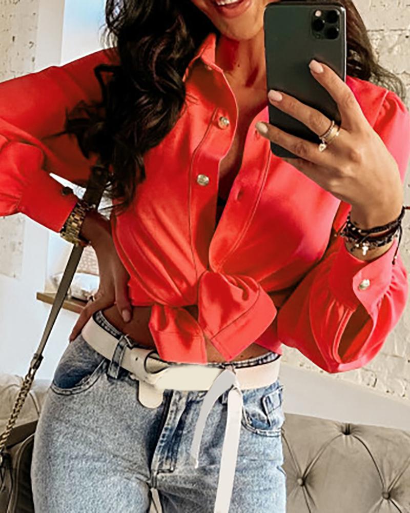 

Knotted Puffed Lantern Sleeve Crop Women Top, Red
