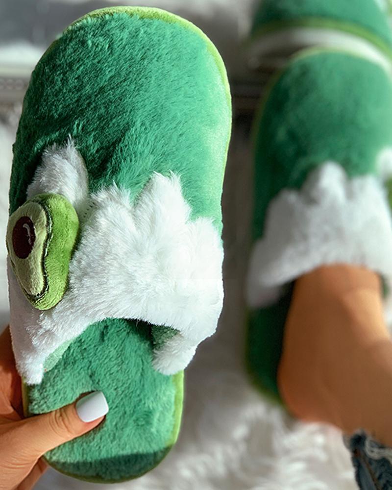 

Fruit Pattern Colorblock Fluffy Slippers, Green
