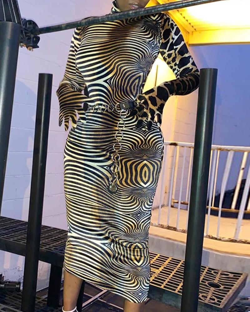 

High Neck Zebra Leopard Print Insert Bodycon Dress, Brown