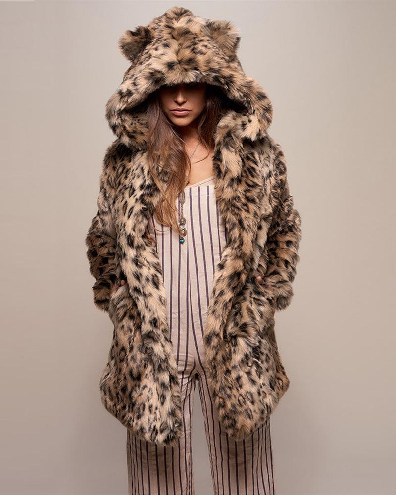 

Cheetah Print Faux Fur Hooded Coat, Leopard