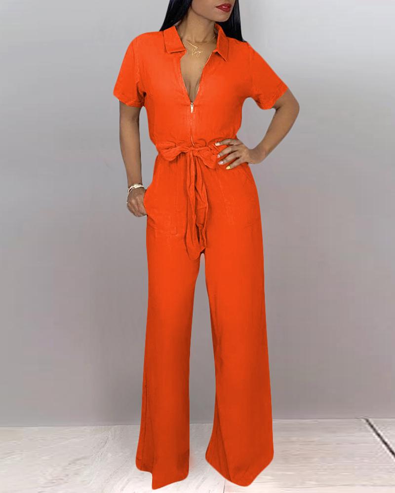 

Turn-down Collar Short Sleeve Wide Leg Jumpsuit, Orange