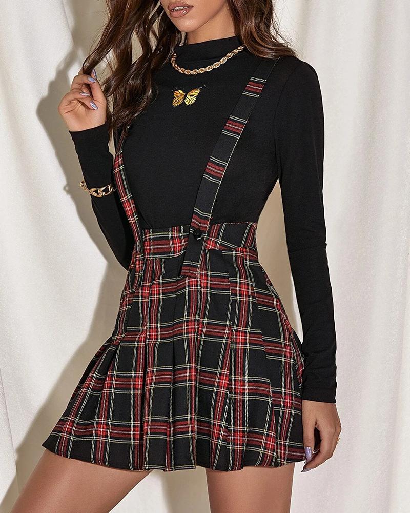 

Plaid Suspender Pleated Mini Skirt, Black
