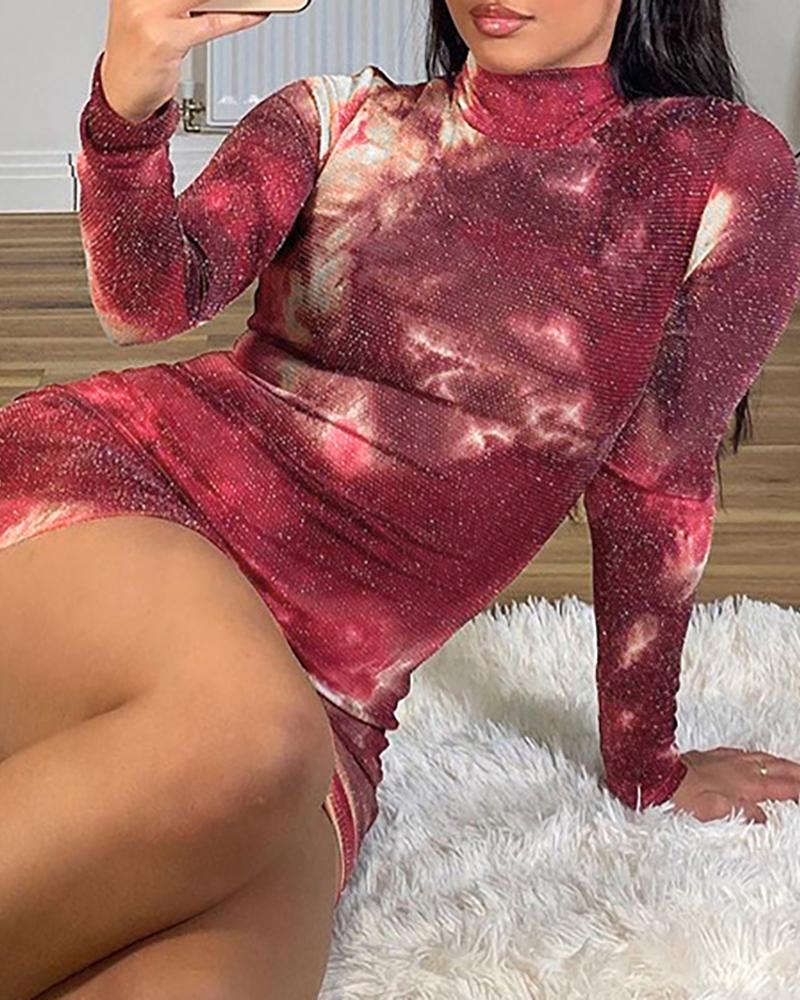 

Tie Dye Print Long Sleeve Mock Neck Bodycon Dress, Wine red