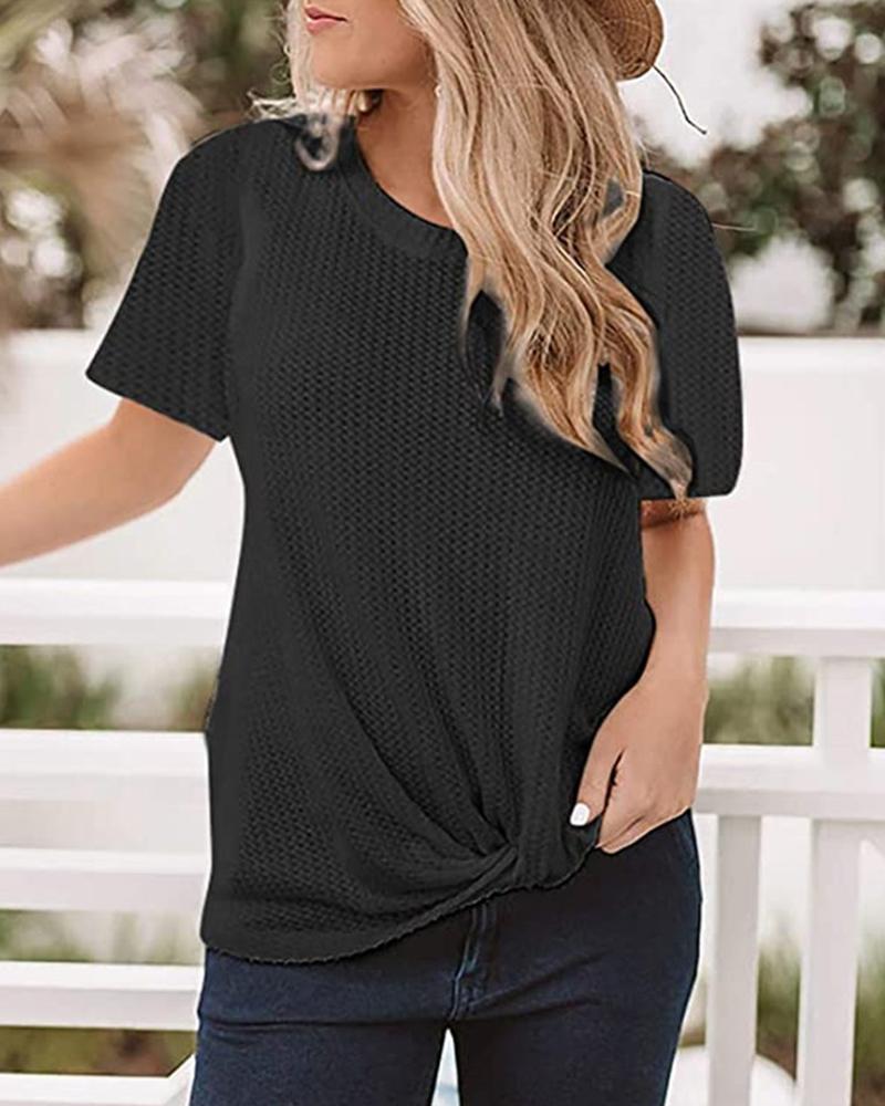

Solid Round Neck Twisted Casual T-shirt, Black