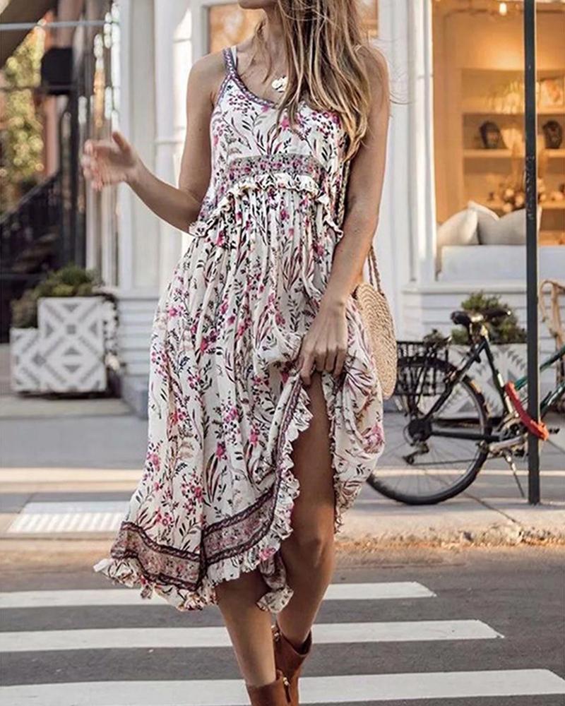 

Boho Style Floral Print Sling Mixi Dress, White