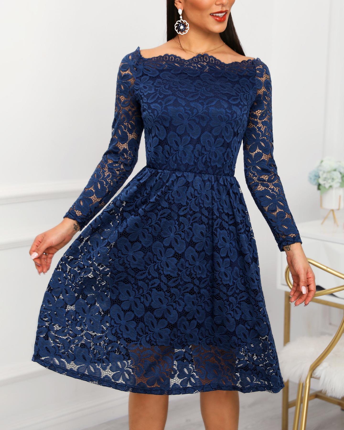 

Crochet Lace Ruffles Hem Dress, Blue