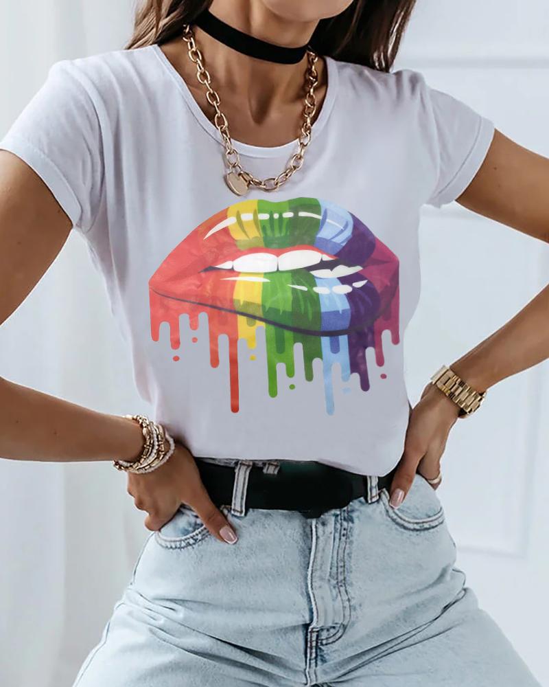 

Lip Print Round Neck Short Sleeve T-Shirt, White